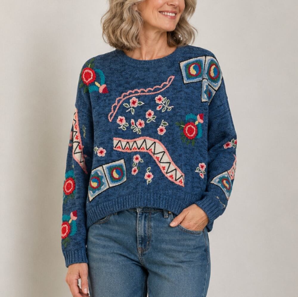 Carole Little Vintage 80's Knit Sweater Flowers Embroidery Blue Medium